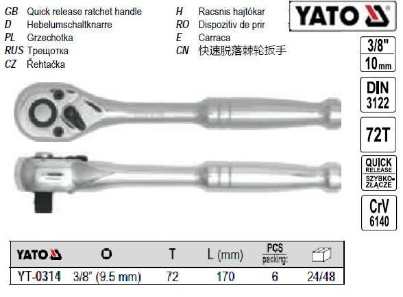 Трещітка тріщатка (блиск) M=3/8"(95 мм) L=170 мм YATO-0314