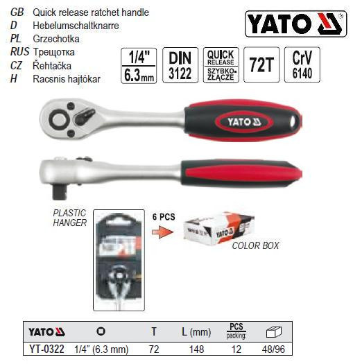 Трещітка тріщатка M=1/4"(63 мм) L=148 мм YATO-0322