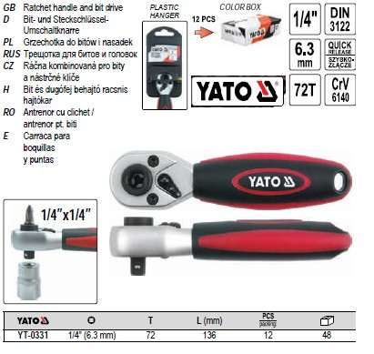 Трещотка YATO тріщатка M=1/4"(63) L=136 мм YT-0331