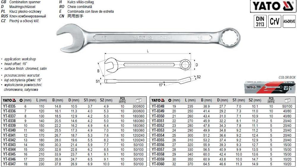 Ключ комбінований М=12 мм l=170 мм YATO-0341
