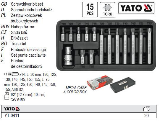Набор бит насадка отвертки TORX YATO перехідник 1/2" 30-75мм 15 штук YT-0411
