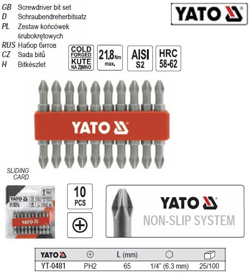 Набор насадка бита PН2 YATO 1/4" l=65 мм 10 штук YT-0481