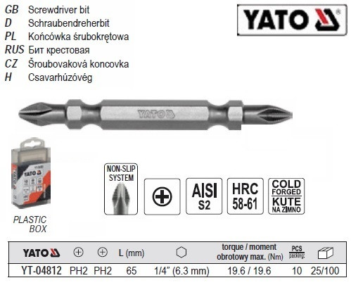 Набор насадка бита PН2 YATO 1/4 l=65 мм 10 штук YT-04812