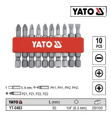 Набор насадка бита YATO плоская 1/4" l=25 мм 10 штук YT-0483