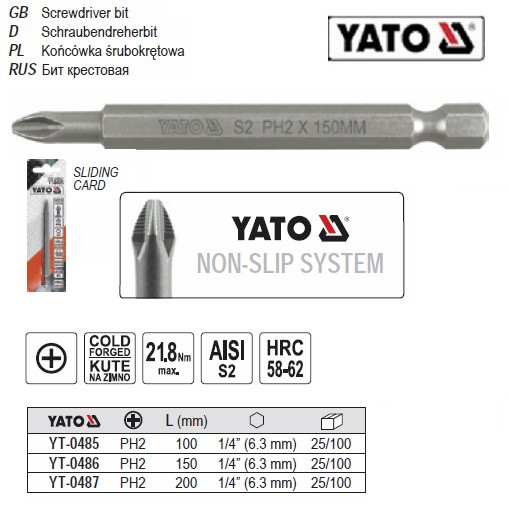 Насадка викрутки біта YATO РН2 1/4" l=200 мм YT-0487