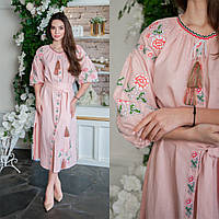 Женское белое платье вышиванка Рассвет розовое