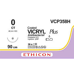 Вікрил Плюс (VICRYL Plus) Антибактеріальний 0, колюча 40мм, 1/2 кола, фіолетовий, 90см, 1шт.