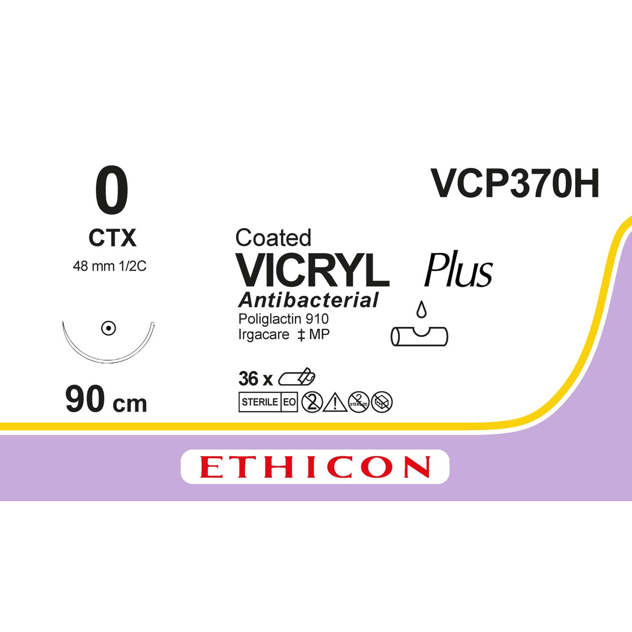 Вікрил Плюс (VICRYL Plus) Антибактеріальний 0, колюча 48мм, 1/2 кола, фіолетовий, 90см, 1шт.