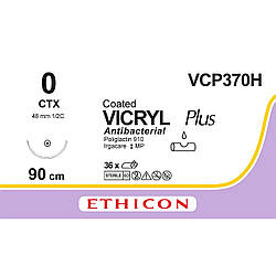 Вікрил Плюс (VICRYL Plus) Антибактеріальний 0, колюча 48мм, 1/2 кола, фіолетовий, 90см, 1шт.
