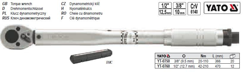 Ключ динамометричний 1/2" 42-210NM l=470мм YATO-0760