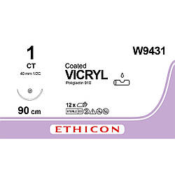 Вікрил (VICRYL) 1 колюча масивна Тапер Поінт (Taper Point) 40 мм, 1/2 кола, фіолетовий 90см, 1шт.