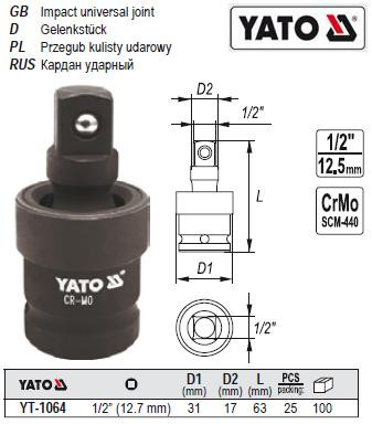 Кардан ударний 1/2" l=63мм YATO-1064