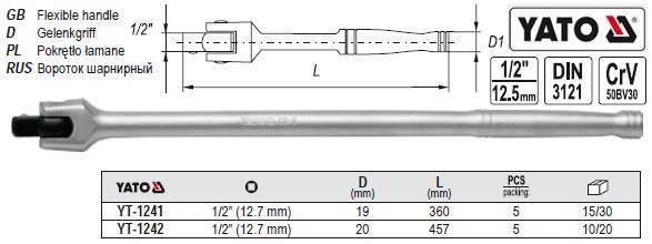 Купити Вороток шарнірний квадрат 1/2" L-457 мм YATO YT-1242, ціна 504. ...