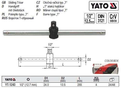 Вороток тип-T квадрат 1/2" L-255 мм YATO YT-1243
