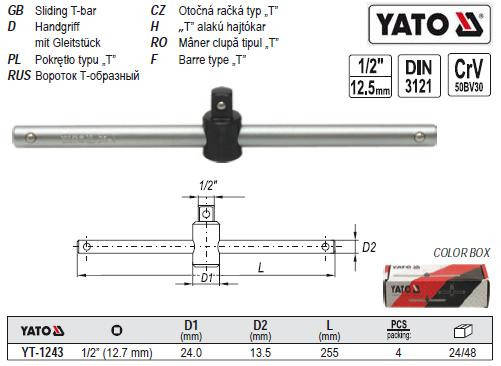 Купити Вороток тип-T квадрат 1/2" L-255 мм YATO YT-1243, ціна 217.80 ...