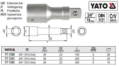 Подовжувач YATO подовжувач продовжувач M=3/4"(19) L=400 YT-1342