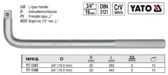 Вороток тип-L квадрат 3/4" L-385 мм YATO YT-1347