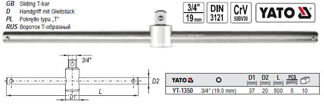 Вороток тип-Т квадрат 3/4" L-500 мм YATO YT-1350