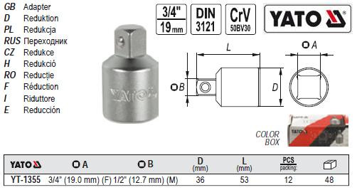 Переходник YATO перехідник M=3/4"(F)/1/2(М) l=53 мм YT-1355