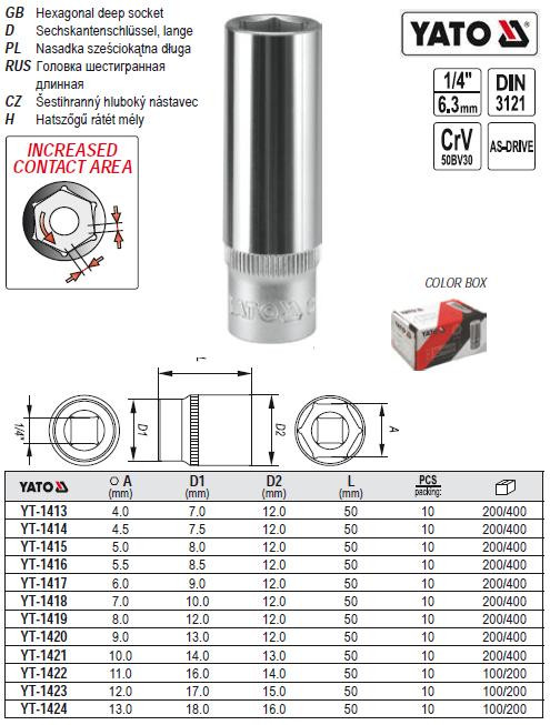 Головка 6-гранна довга 1/4" М13х50 мм YATO YT-1424