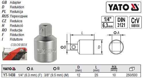 Перехідник перехідник M=1/4"(6,3 мм) (F) 3/8(9,5 мм) (М) L=25 YATO-1438