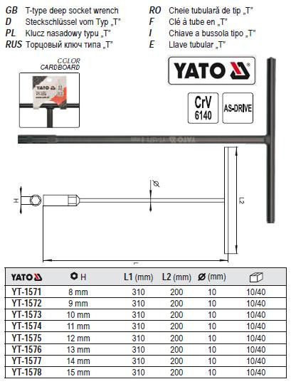 Ключ торцевий торцевий (тип Т) M=15 мм L1=310 мм L2=200 мм YATO-1578