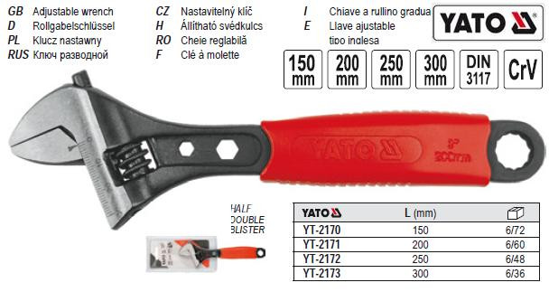 Ключ розвідний YATO ручка ПВХ L=250 мм YT-2172