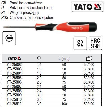 Викрутка шлицевая міні b=1,8 мм l=50 мм YATO-25804