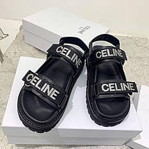 Жіночі чорні шкіряні сандалії Celine з білими написами Селін босоніжки сандалі на високій платформі, фото 5