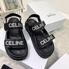 Жіночі чорні шкіряні сандалії Celine з білими написами Селін босоніжки сандалі на високій платформі, фото 4