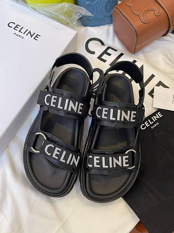 Жіночі чорні шкіряні сандалії Celine з білими написами Селін босоніжки сандалі на високій платформі, фото 1