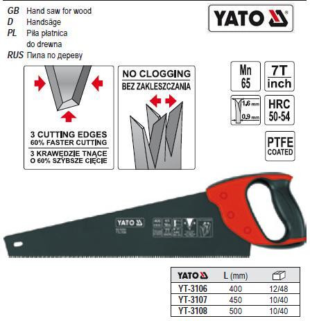 Ножівка ножівка по дереву 7 з/1" тефлон l=450 мм YATO-3107