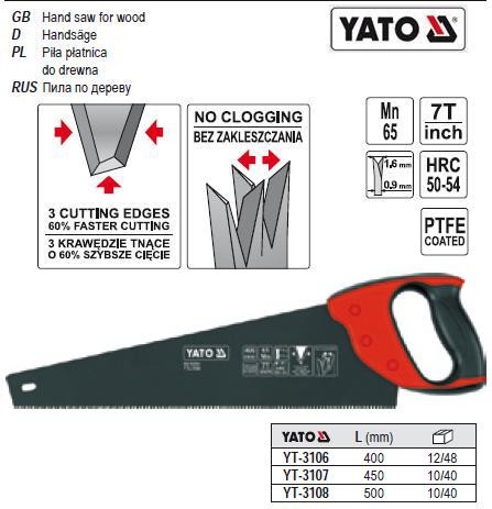 Ножівка ножівка по дереву 7 з/1" тефлон l=500 мм YATO-3108