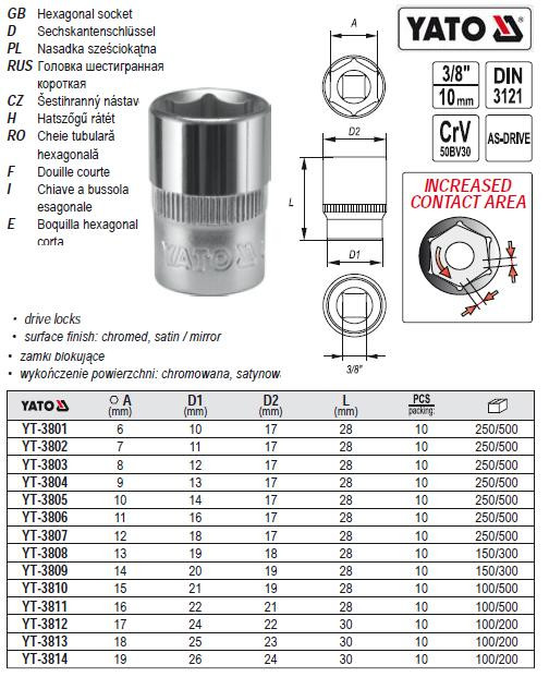 Головка 6-гранна коротка 3/8" М10х28 мм YATO YT-3805