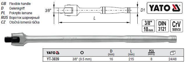 Вороток шарнірний квадрат 3/8" L-198 мм YATO YT-3839