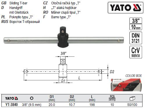 Вороток тип-Т квадрат 3/8" L-198 мм YATO YT-3840