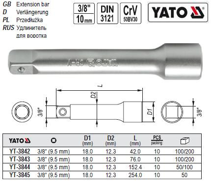 Подовжувач YATO подовжувач M=3/8"(9,5) L=42 YT-3842
