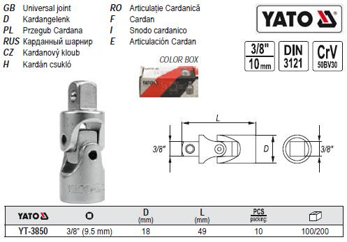 Карданний шарнір M=3/8"(9,5) L=49 мм YATO YT-3850