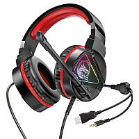 Комп'ютерні провідні ігрові навушники з мікрофоном та LED RGB підсвічуванням Hoco W104 Black-red продаж