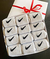Набор мужских высоких белых носков Nike 41-45 на 12 пар в подарочной коробке с ленточкой