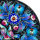 Тарілка декоративна кругла Петриківський розпис із дерева 30см малюнок БЛАКИТНІ КВІТИ Український сувенір, фото 5