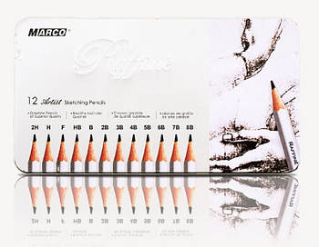 Олівці чорнографітні прості набір 12шт. Marco Raffine у металевому пеналі 7000M-12TN