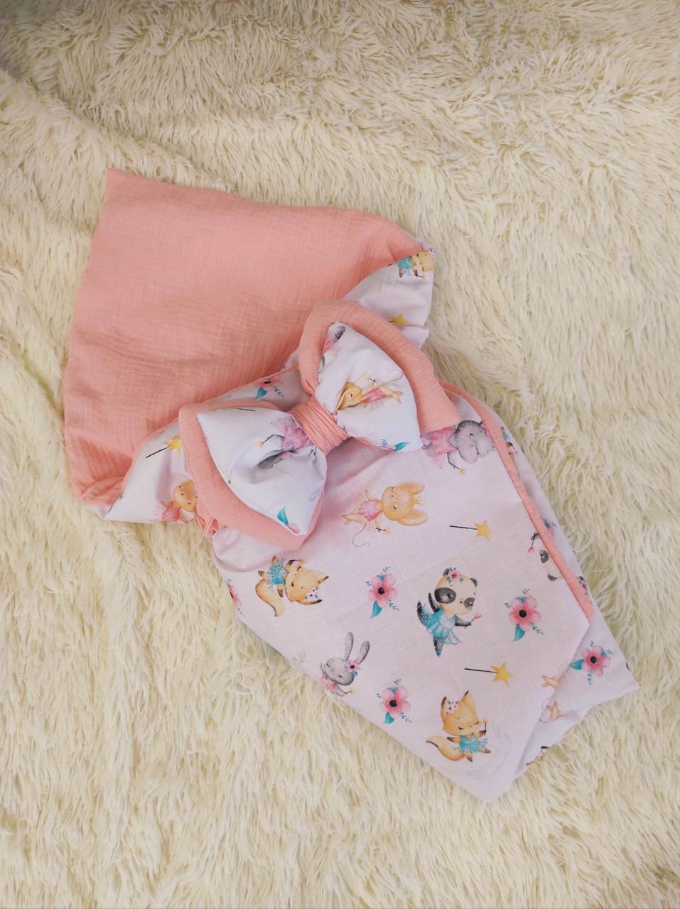 Плед конверт для немовлят на виписку, муслін, персиковий з принтом, фото 1