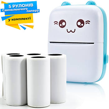 Портативний термопринтер JETIX Mini printer Blue +5 рулонів самоклейної термопапери