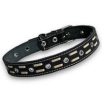 Ошейник кожаный безразмерный для собак украшенный плетением Пунктир обхват шеи 11-59 см, ширина 30 мм Черный