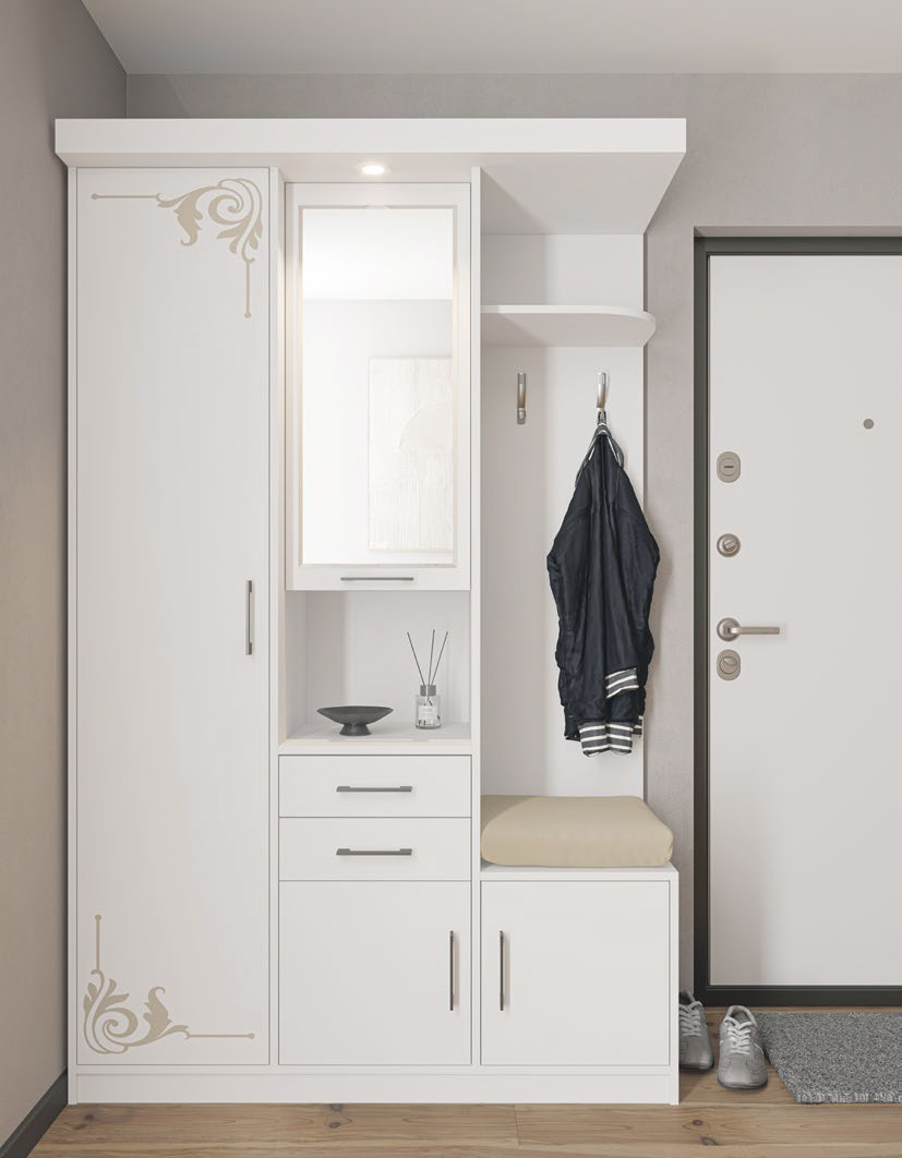 Сучасна стильна біла прихожа в коридор з шафою дзеркалом та тумбою для взуття 130 см Силует 1 Світ Меблів