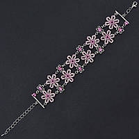 Браслет жіночий м'який металевий на руку сріблястої квіточки з кристалами довжини 23 см ширина 30 мм