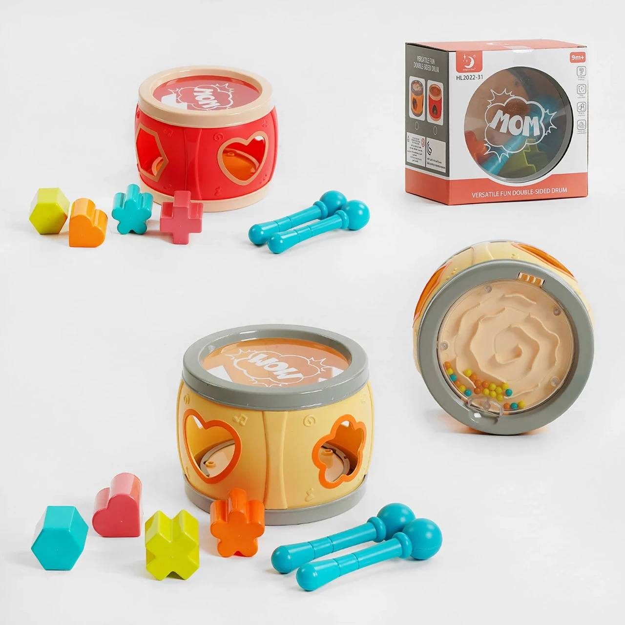 Логічний барабан HL 2022-31 (60/2) 2 кольри, сортер, лабіринт, 4 фігурки, у коробці, фото 1