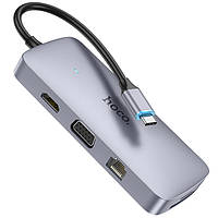 USB-hub хаб 10-in-1 Type-C to HDMI+PD+USB3.0+ USB2.0*2 +SD+TF+RJ45+VGA+AUX HOCO HB33 Сірий