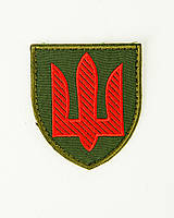 Шеврон, нарукавная эмблема - Тризуб красный на оливковом фоне ПВО сухопутных войск, на липучке, Размер 70×80мм